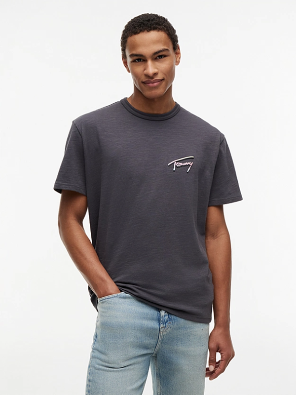 Tommy Hilfiger Men's Black Jeans Back Graphic Textured Relaxed T-Shirt - Washed