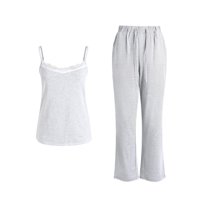 white wide lace v-neck light grey knitted camisole and knitted pants set M