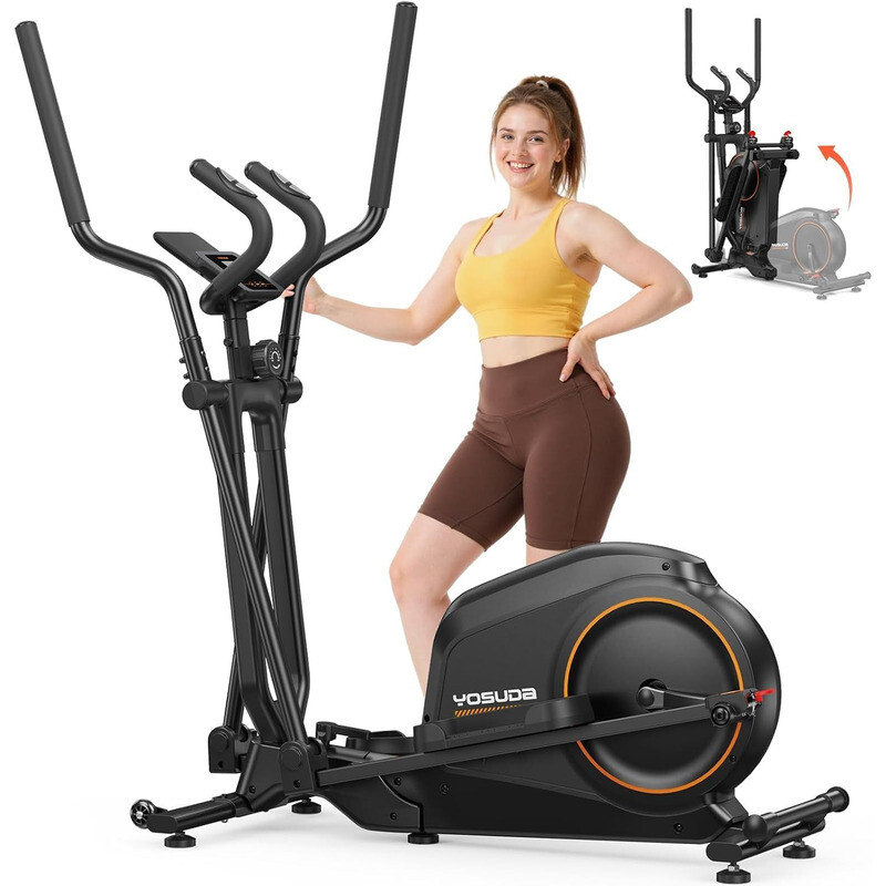 YOSHINO Opvouwbare elliptische cross trainer voor thuis, elliptische cross trainer met 16 weerstandsniveaus, ultrastille cardio-elliptische machine, lcd-display & transportwielen
