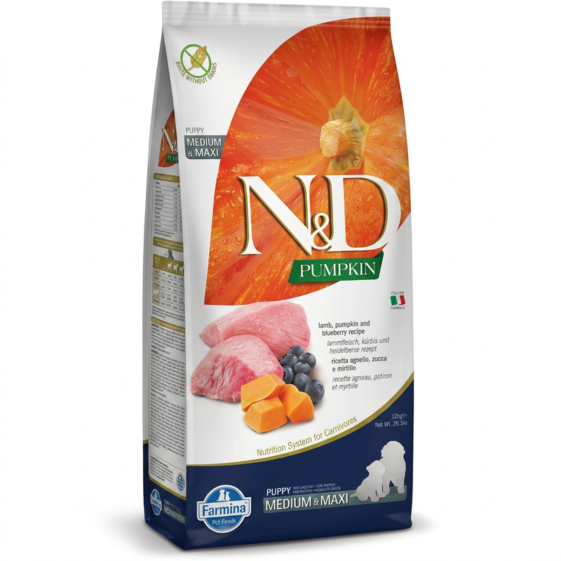 Farmina N&D puppyvoer met pompoen en lam Medi/Maxi 12 kg