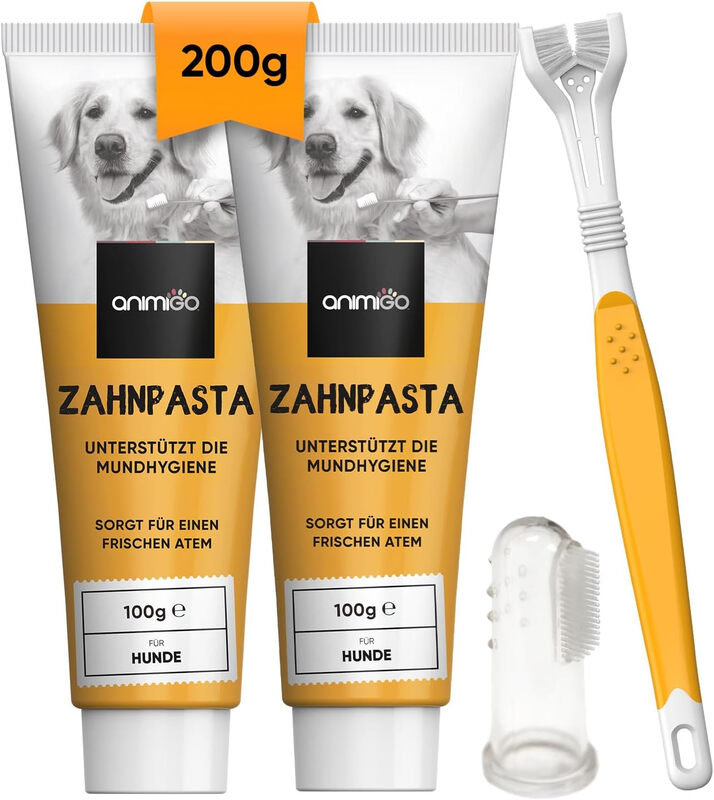 Animigo Hundezahnpasta 2 x 100 g, mit 3-flügliger Zahnbürste & Fingerspülbecher, Pfefferminze, Anti-Plaque & Anti-Zahnstein, fluorid- & xylitolfrei, ohne Zuckerzusatz, für Hunde