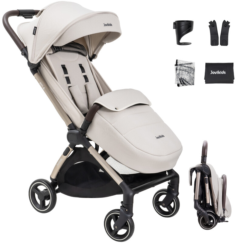 Jovikids Ayla einhändig faltbarer Kinderwagen stoßdämpfender leichter Buggy von Geburt bis 4 Jahre, Reisebuggy, kompakt, All-Terrain EVA-Räder, Regenverdeck, Fußsack, Aufbewahrungstasche, Getränkehalter (Beige)