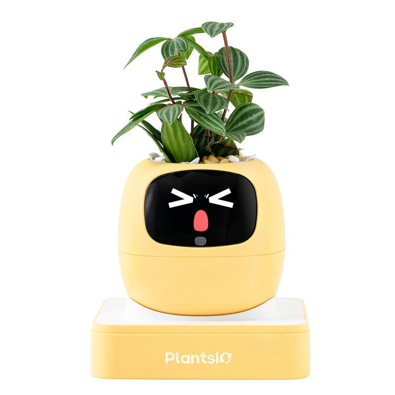 Zomercadeau om je interieur op te fleuren – Ivy AI slimme plantenpotrobot met interactieve gezichtsuitdrukkingen, intelligente plantverzorging, woondecoratie voor drukke mensen, toont de emoties van de plant (citroengeel)