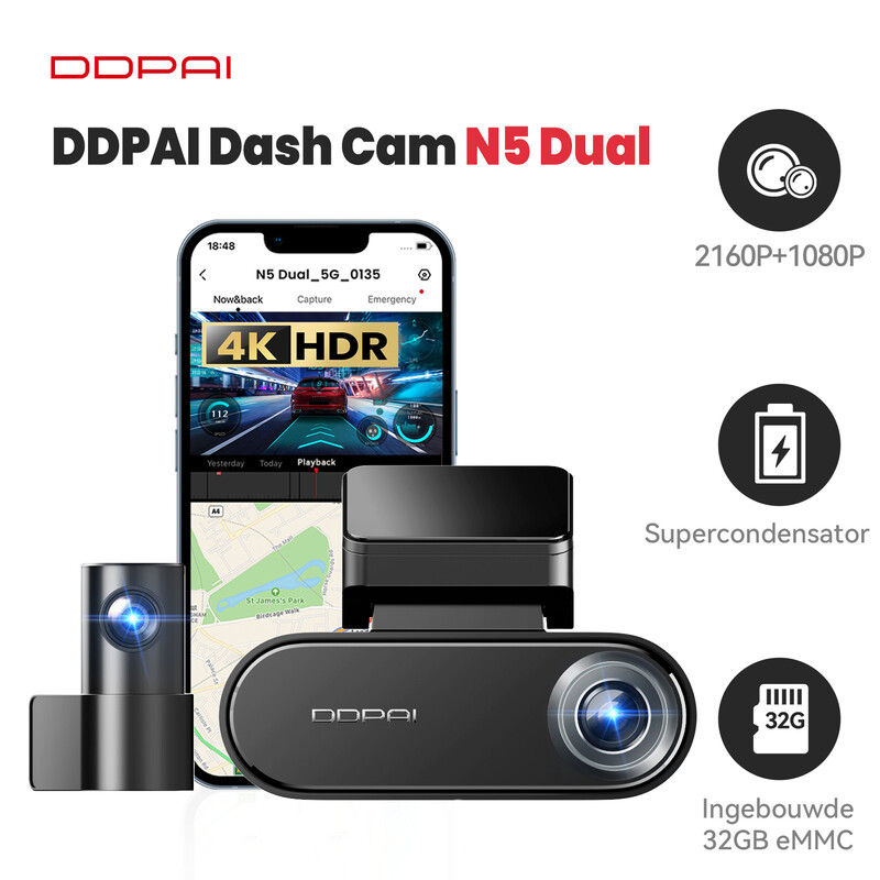 DDPAI N5 dubbele 4K dashcam voor en achter, autodashcamera, GPS en 5G-wifi, ingebouwde 32GB eMMC, nachtzicht, ondersteunt parkeermodus tot 24 uur, smartapp