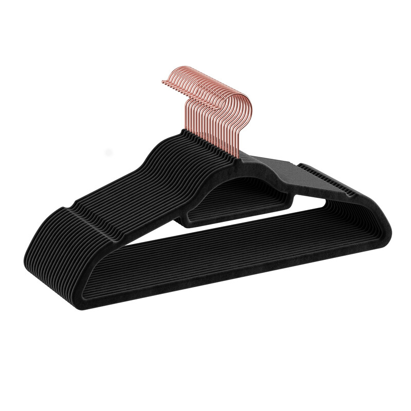 Ochama 30-piece velvet clothes hanger set - Black, 43.5 cm long, 0.6 cm thin profile - non-slip, space-saving design with rose gold hook and tie bar, ideal for dresses & pants, 43.5x22.5x0.6 cm