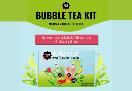 Makes 4 joyful drinks. TeaJoy bubble tea Matcha tea and Strawberry boba, Strawberry tea and Mango boba