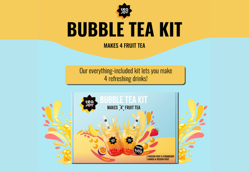 Makes 4 joyful drinks. TeaJoy bubble tea
Passionfruit tea and Strawberry boba, Mango tea and Passionfruit boba